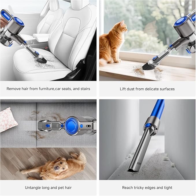 Cordless Vacuum Cleaner for Home Powerful Stick Vacuum with Rechargeable Battery Green Light Anti-Tangle Brush 6-in-1 Lightweight Handheld Vacuum for Pet Hair Hard Floor Carpet Blue