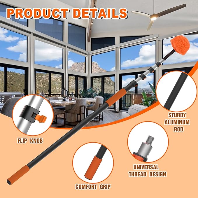 36FT Reach Cobweb Duster with Extension Pole High Ceiling Long Duster with 7-30FT Telescoping Pole Spider Web Brush for Indoor Outdoor Use