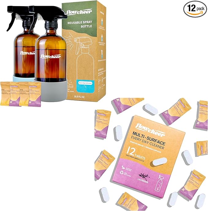 flowcheer Multi-Surface Cleaner Reusable Spray Bottles + All Purposes Cleaner Refills-Household&ampKitchen Cleaning-12 Pack Makes 204 fl oz Bottles of Spray Cleaner Lemon and Lavender Scent