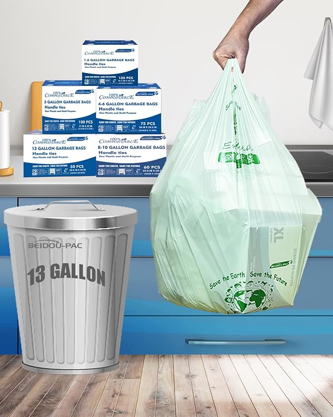 Compostable 13 Gallon Trash Bags Tall Kitchen Garbage Bags with Handle Sturdy Biodegradable Compost Bags 100 Count US BPI Certified