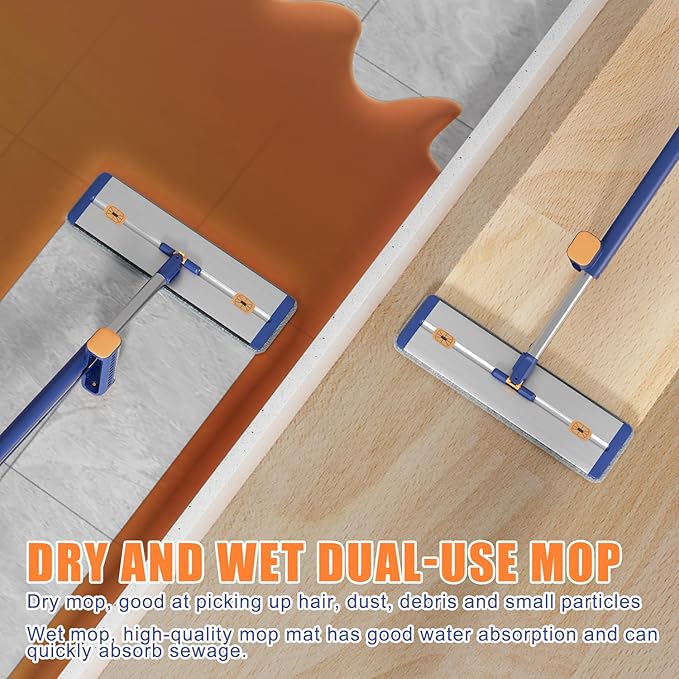 16.5 Microfiber Self Wringing Flat mopWet Dry mops for Cleaning Floorswith 55 Long Handle for Wall Cleaner with Squeegee (New Mop &amp 5 Microfiber mop Pads &amp Folding Bucket)