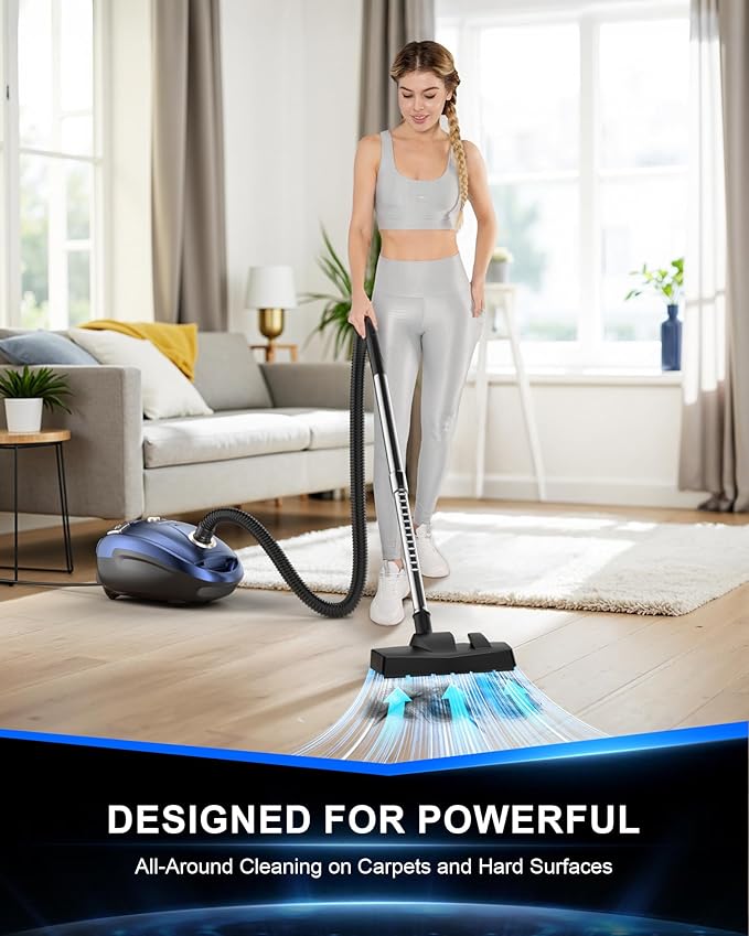 Bagged Canister Vacuum Cleaner1400W Powerful High-Suction Bagged Canister Vac with 3.7QT Dust BagsPop-N-Go BrushHEPA FilterDual Motors&amp4 Cleaning ToolsPerfect for Low-Pile Carpets&ampHard Fl