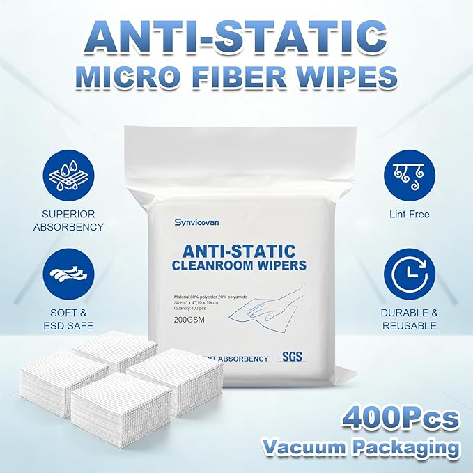 Anti-Static Microfiber Wipes 4x4(400 PcsClass 100 200GSM) Lint Free Cloths Reusable Special ESD protection design is suitable for protecting sensitive electronic components and tools