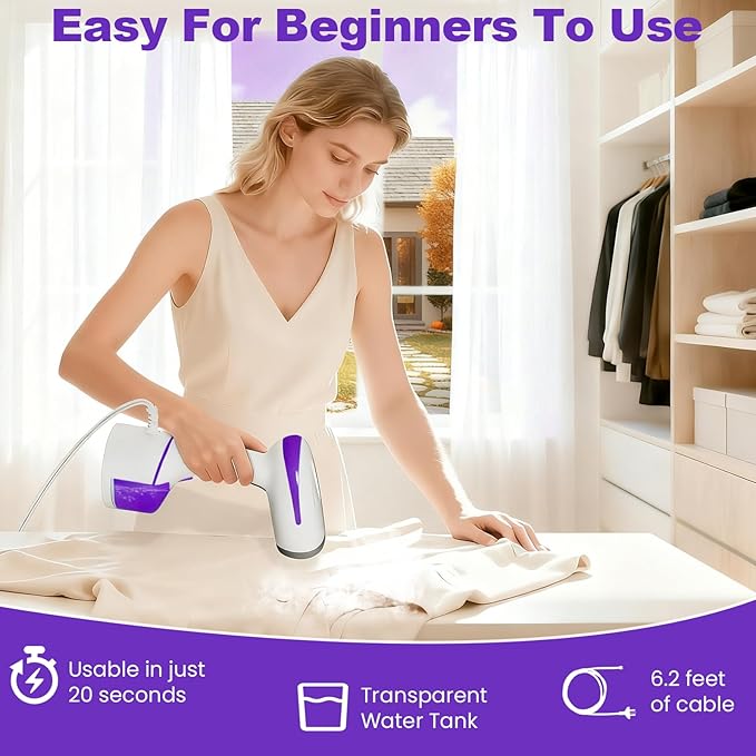 DBC Steamer for Clothes 1500W 20S Fast Heat-up Portable Handheld Steamer for Clothes 2 in 1 Fabric Wrinkle Remover with Fabric Brush 250ml Water Tank Ideal for Home Office Travel Purple