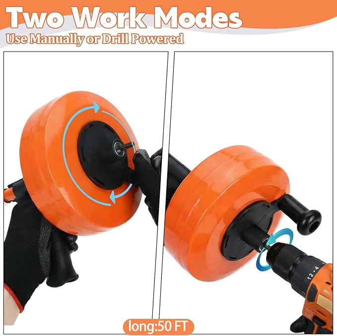 50 Ft Drain AugerUse Manually or Drill Powered 50 Foot Drain SnakeHeavy Duty Flexible Plumbing SnakeWith Gloves and Storage Bag for Kitchen Sink Shower Drain (50FT Orange)