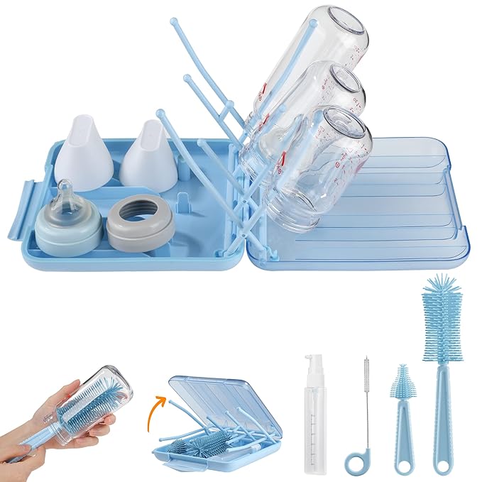 Bottle Brush Set -Baby Travel Essential-6 in 1 Bottle Cleaner Kit with Silicone Bottle BrushNipple Cleaner BrushStraw BrushSoap DispenserStorage BoxBottle Drying Rack for Home and Travel(Blue)