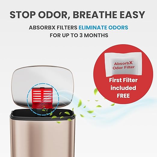 iTouchless SoftStep 13.2 Gallon Step Kitchen Trash Can with Lid and Odor Filter Stainless Steel Rose Gold 50 Liter Trashcan for Home Office Bedroom Garage Living Room Bathroom Slim Wastebasket