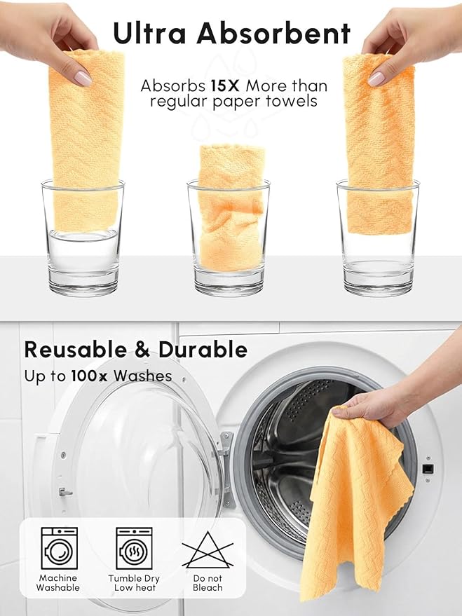 Microfiber Cleaning Cloths Roll 75 Pack Tear Away Microfiber Towels Roll 12 x 12 Lint Free Rags Reusable Cleaning Cloths Washable Scratch FreeUltra Absorbent Dish Rags(Orange Ripple)