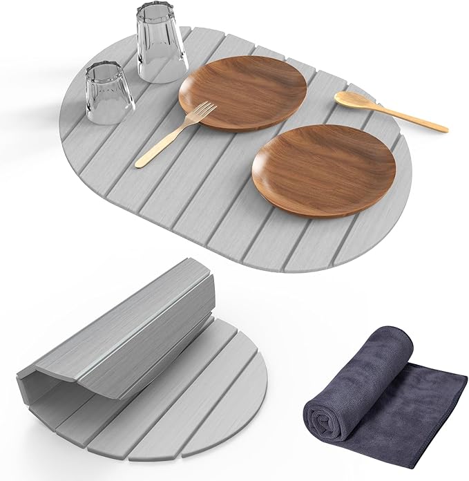 Stone Dish Drying Mat for Kitchen Counter24(L)×16(W) Collapsible Fast-Drying Diatomaceous Earth Mats with Towel Sanding ToolVersatile Stone Drying Mats for Cups Dishes Bottles