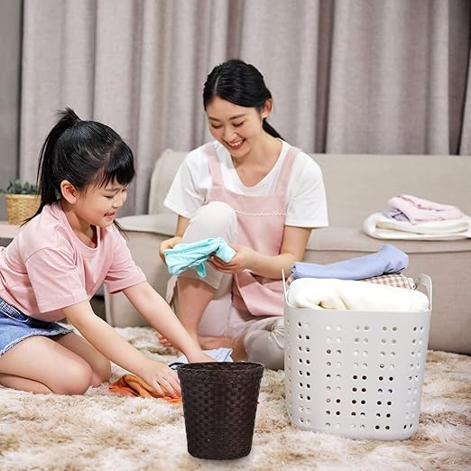 TEHAUX Wicker Laundry Basket Round Bathroom Basket Straw Trash Can Simple Storage Baskets Household Waste Paper Basket Rattan Basket for Bathrooms and Bedrooms (Coffee)
