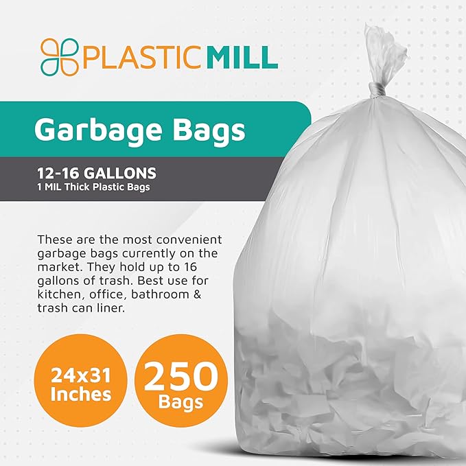 PlasticMill Heavy Duty Trash Bags - Clear Garbage Bags - Plastic Trash Bags - Kitchen Bathroom Office Garbage Bags Trash Can Liners - 12-16 Gallon 1 Mil 24x31 (500-Count)