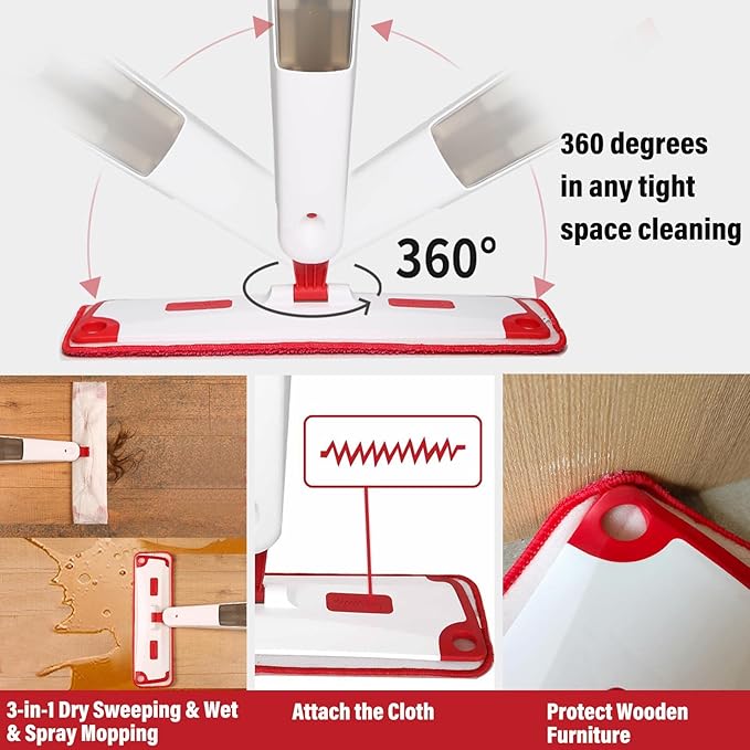 Mop for Floor Cleaning Professional 18 Inch Washable Reusable 3 Pads Refills and Refillable Spray Bottle for Easy Wet Dry Mopping Dust Flat Mops for Hardwood Laminate Tile