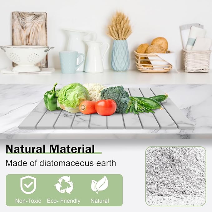 Stone Dish Drying Mat for Kitchen Counter24(L)×16(W) Collapsible Fast-Drying Diatomaceous Earth Mats with Towel Sanding ToolVersatile Stone Drying Mats for Cups Dishes Bottles