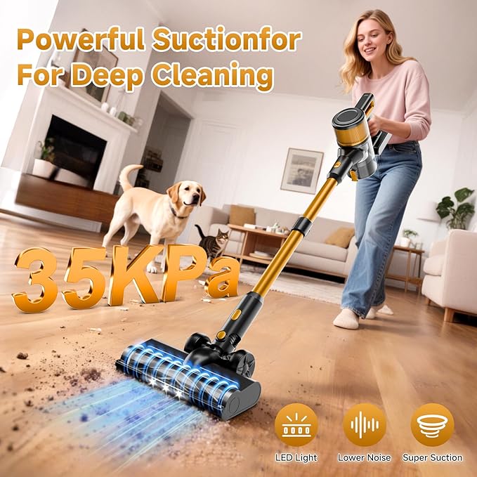 KIKETECH Cordless Vacuum Cleaner Stick Vacuum Cleaners for Home 6 in 1 Lightweight Vacuum for Pet Hair/Carpet/Floor (Yellow)
