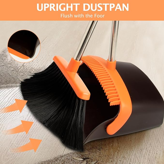 2-Pack Broom and Dustpan Set with Long Handle Heavy Dust Broom and Dustpan Combo for HomeKitchen Office Pet Hair (Brown Orange)