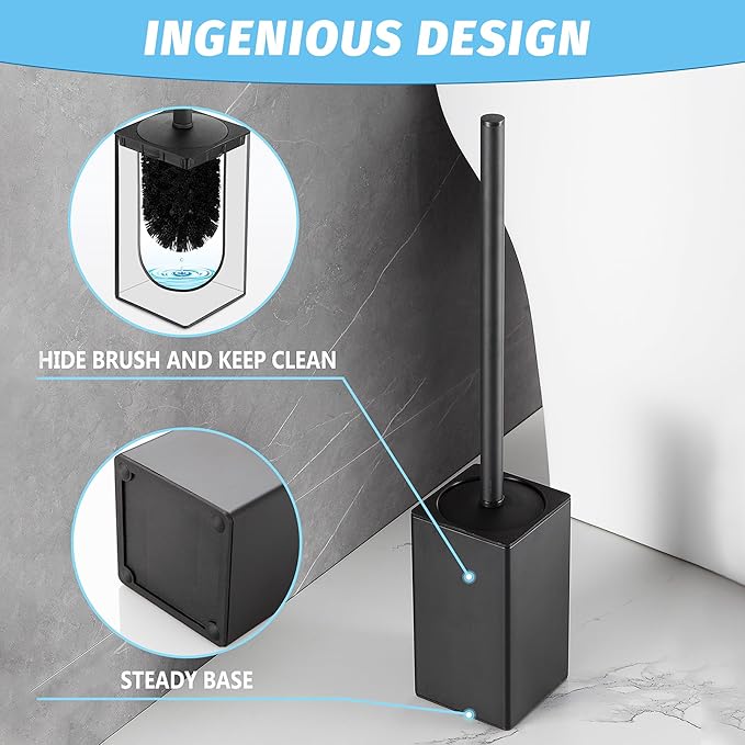 Toilet Brush and Holder Black for Bathroom Storage and OrganizationSquare Deep Cleaning Black Toilet Brush for Bathroom