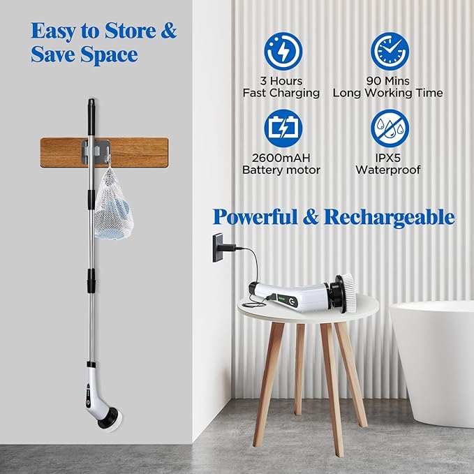 Electric Spin Scrubber Cordless Bath Tub Power Scrubber with 8 Replaceable Drill Brush Heads Shower Cleaning Brush with Adjustable Handle for Bathroom Tile Floor &amp Car White (ANS-8050)