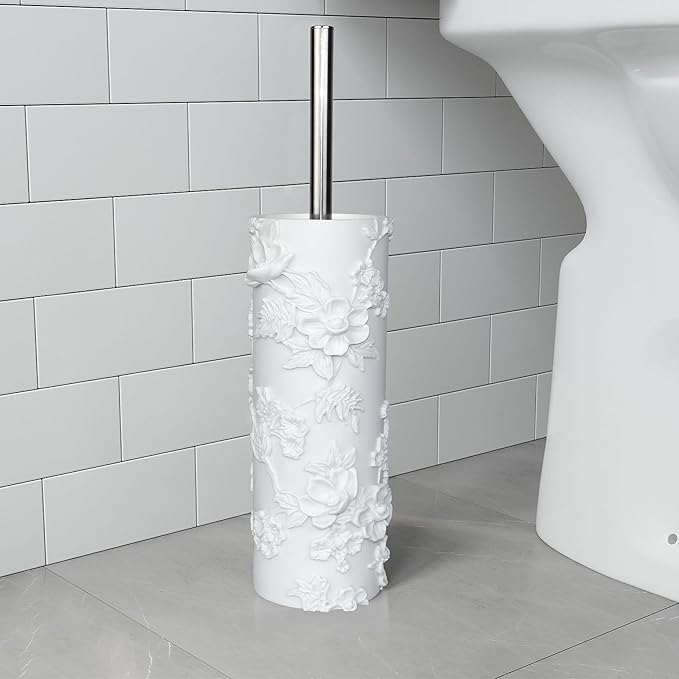 White Floral Branches Design Resin Toilet Bowl Brush and Holder Set Elegant Bathroom Cleaning Tool with Durable Bristles Compact and Functional