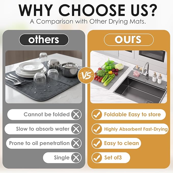 3 PCS Large Stone Dish Drying Mat for Kitchen Counter -24x16 Absorbent Diatomaceous Earth Mat with Stone Faucet Mat &amp Soap Tray - Quick Dry Collapsible Non-Slip Countertop Organizer
