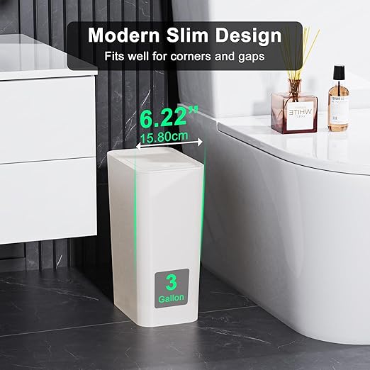 N. NETDOT 3 Pack Small Trash Can with lid 3 Gallon Bathroom Trash CanGarbage Can Slim Trash Bin Waste Basket for BathroomKitchenBedroomLiving RoomOfficeLaundry - Off White