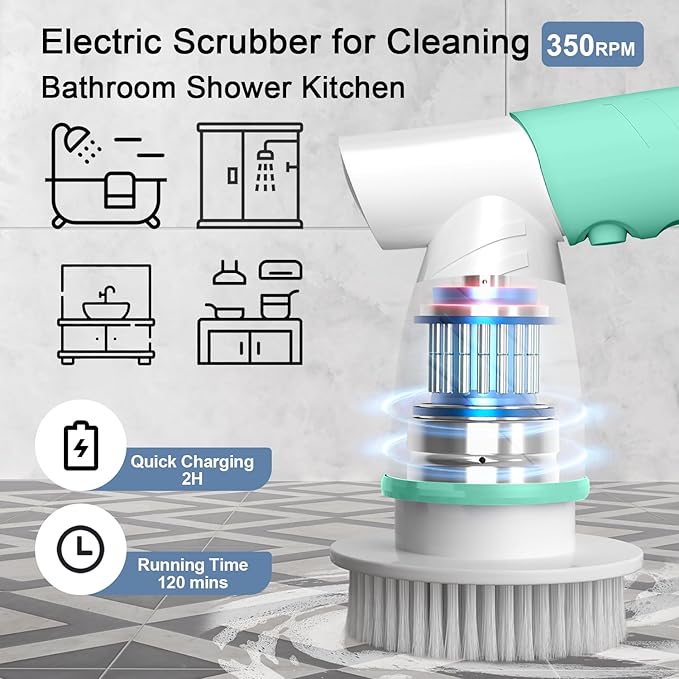 Electric Spin Scrubber Bathroom Cleaning Brush Shower Scrubber Portable Rechargeable Power Scrub Brush for Bathtub Sink Tile Grout Window Sill Kitchen Stove Cooker Household Cleaning Tools
