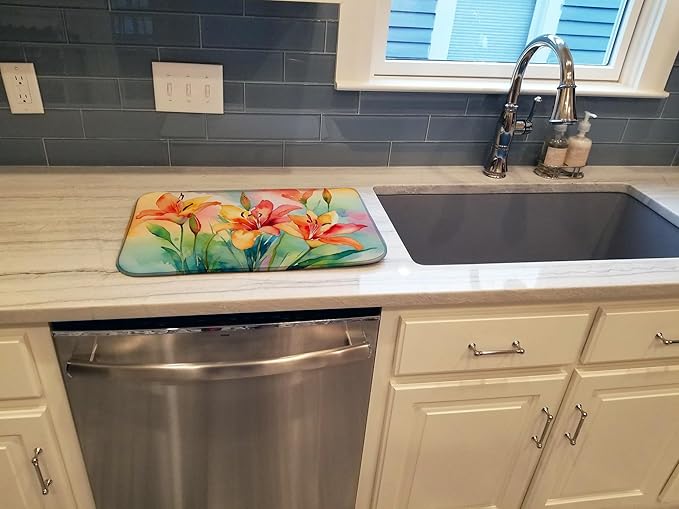 Caroline's Treasures DAC1588DDM Lilies in Watercolor Dish Drying Mat Absorbent Dish Drying Mat Pad for Kitchen Counter Dish Drainer Mat for Countertop 14 x 21 Multicolor
