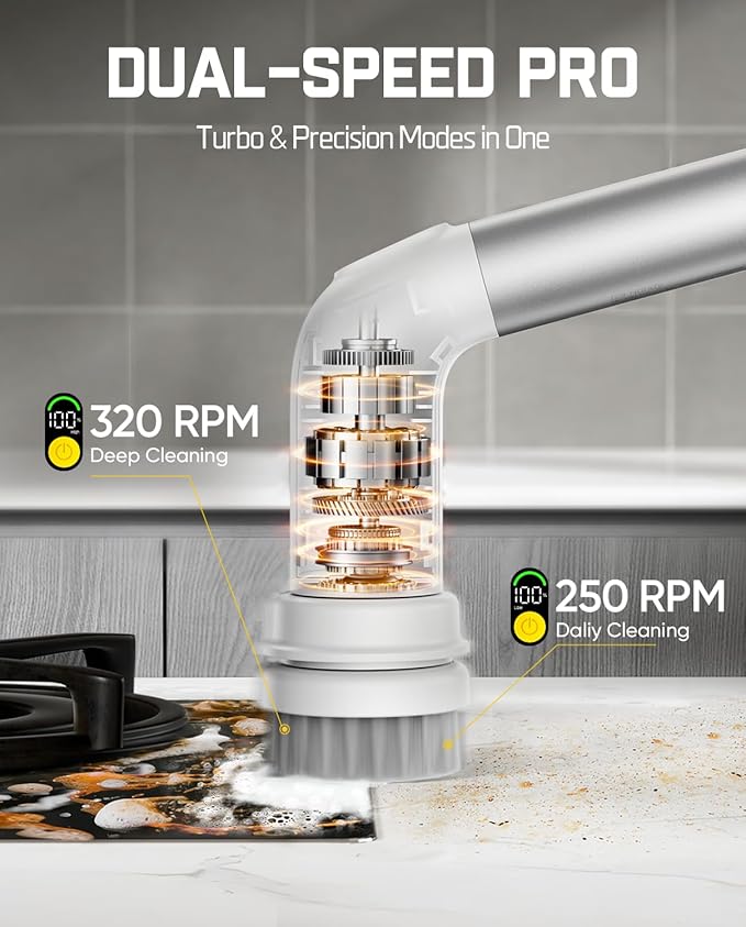 Fanttik G9 Handy Cordless Electric Spin Scrubber MagnaStorm Motor Dual-Speed 5 Brush Heads LED Display IPX7 Waterproof 2500mAh with Type-C Charging for Kitchen Sink Tile Stove- White