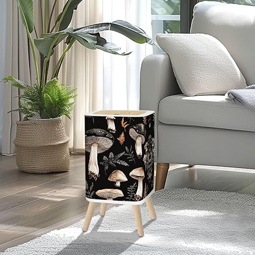 Small Trash Can with Lid Mushroom Seamless Boho Black Brown Mushroom Forest Vintage Mushrooms 2.6 Gallon/10L Garbage Can Waste Bin with Pop-Up Lid Wood Legs Wastebasket for Bathroom Kitchen Bedroom