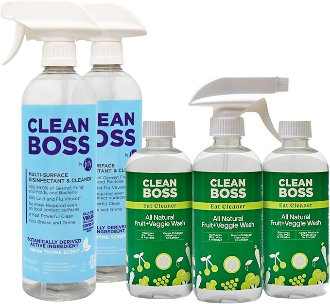 CleanBoss Eat Cleaner Triple-Action Fruit &amp Veggie Wash (12 oz Pack of 3) Botanical Disinfectant Multi-Surface Cleaner (24 oz Pack of 2)