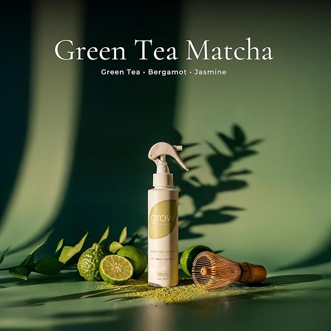 Grow Fragrance Spring 3-Pack – Non-Toxic Air Freshener Spray – Green Tea Matcha Hibiscus Tea &amp Wildflower Rain – 100% Plant-Based Essential Oils – Safe for Home Car &amp Linens – 5 oz Each