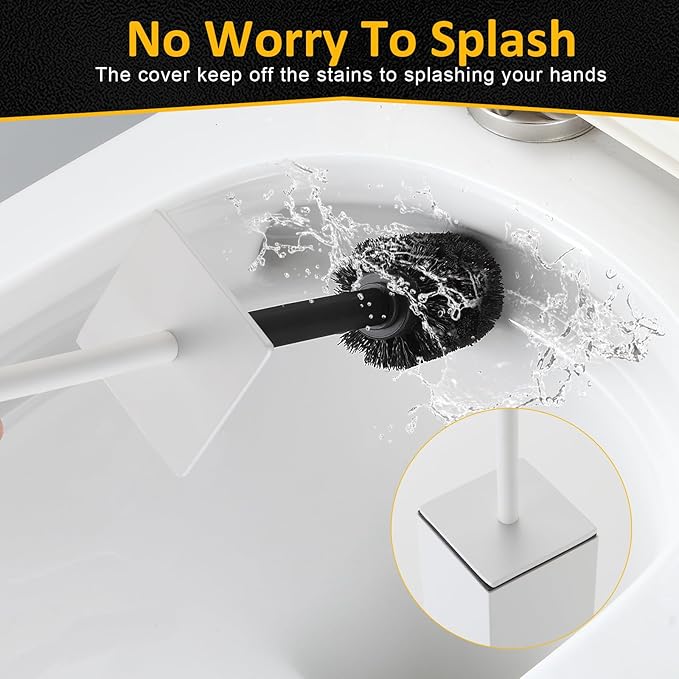 Toilet Brush and Holder Floor Standing White with 2 Replaceable Heads Bathroom Toilet Brush Freestanding Toilet Bowl Brush with Removable Liner and Splash Guard Modern Square Design
