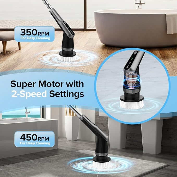 G2-Pro Electric Spin Scrubber - IPX7 Waterproof 12-in-1 Shower Cleaner Brush Retractable Handle &amp 2-Speed for Bathroom Bathtub Kitchen Tile Floors