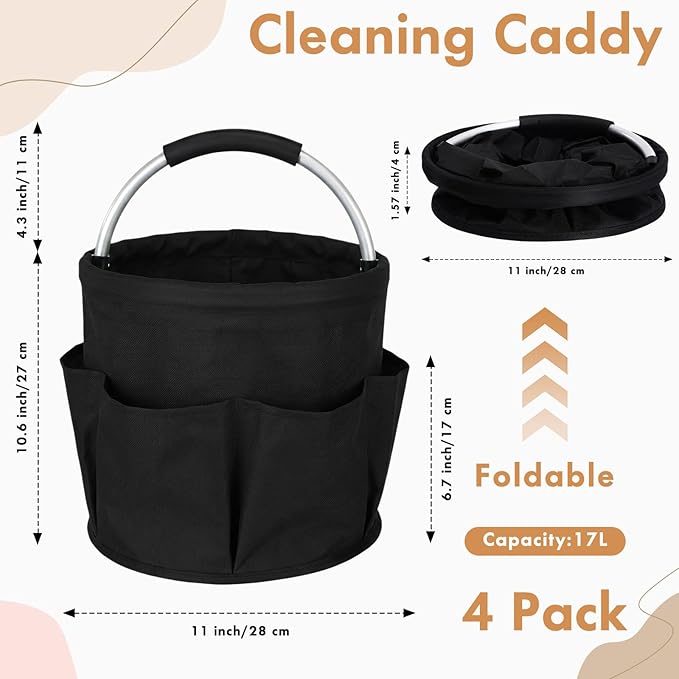 LemonRoad 4 Pack Cleaning Caddy with Handle 17L Foldable Cleaning Supplies Organizer Oxford Cloth Storage Basket with 6 Pockets &amp Soft Grip Portable Multi Bucket Bag for Home Garden (Black)