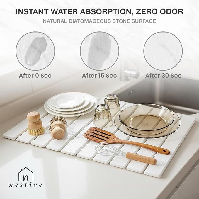 Large Stone Dish Drying Mat for Kitchen Counter 24x16 Fast Drying Collapsible Diatomaceous Earth Mat Super Absorbent Folding Mat for Dishes Bottles Glass Heat-Resistant Non-Slip (White)