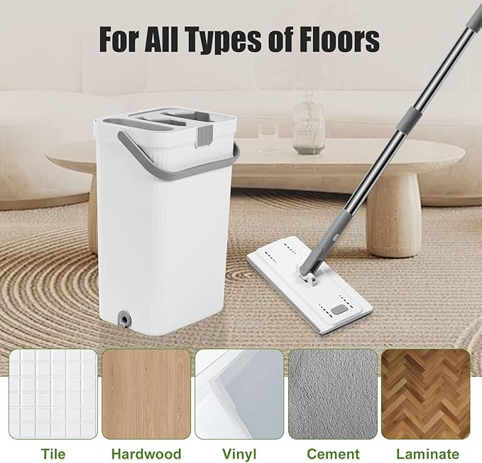 Flat Floor Mop and Bucket Set with Wringer Flat Mops for Floor Cleaning Wall Mop Cleaner with Long Handle Hardwood Floor Mop with 3 Microfiber Pads (F)