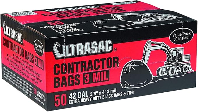 Ultrasac Heavy Duty Contractor Bags (VALUE 50 PACK/w TIES) 42 Gallon 32.75 X 47 - 3 MIL Thick Large Black Industrial Garbage Trashbags for Construction and Commercial use