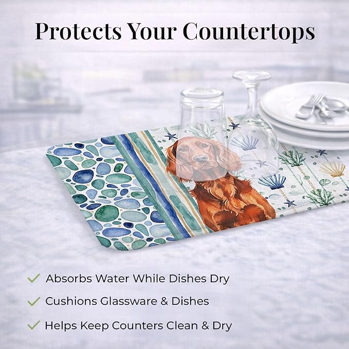 Caroline's Treasures Irish Setter Coastal Sea Glass Dish Drying Mat Absorbent Dish Drying Mat Pad for Kitchen Counter Dish Drainer Mat for Countertop 14 x 21 Multicolor
