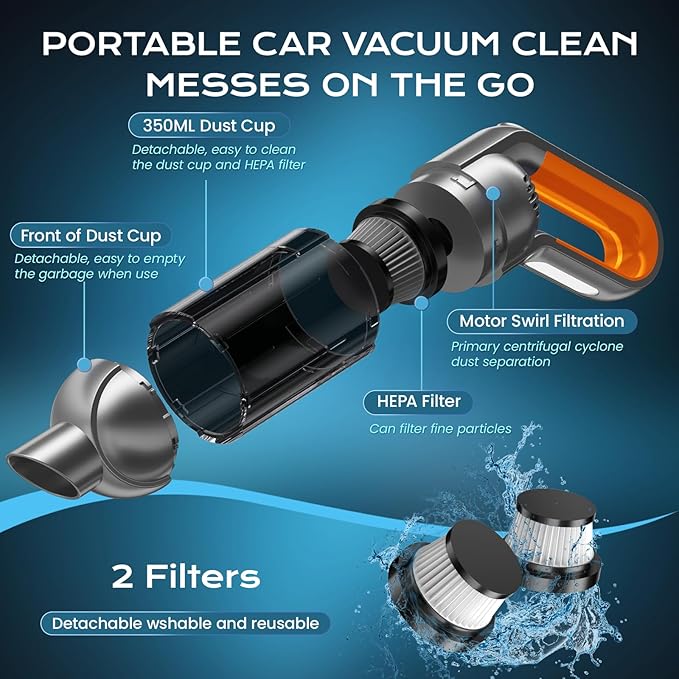 Handheld Vacuum Cordless Portable Car Vacuum with LED LightRechargeable Small Vacuum Cleaner with Powerful SuctionLightweight Vacuum Cleaner for Car Home Office Pet Hair (Orange)