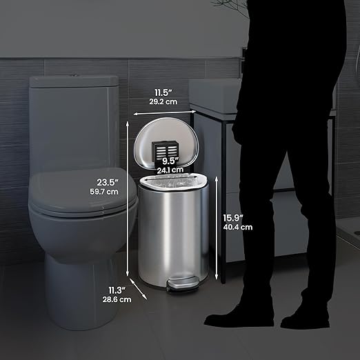 iTouchless SoftStep 3 Gallon Slim Bathroom Trash Can with Odor Filter &amp Removable Inner Bucket Stainless Steel 11 Liter Space-Saving Semi-Round Step Pedal Garbage Bin for Bedroom Home Office Cub