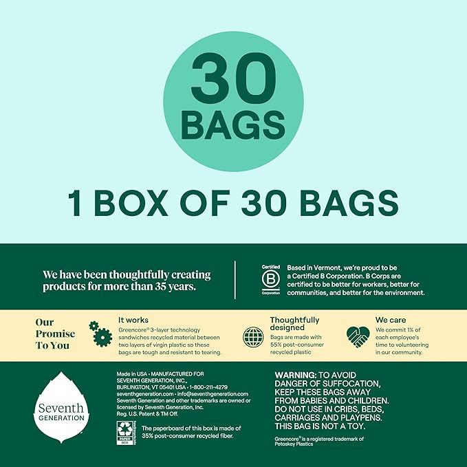 Seventh Generation Kitchen Garbage Bags 13 Gallon Pack of 6 Extra Strong Made from Recycled Plastic 20 count
