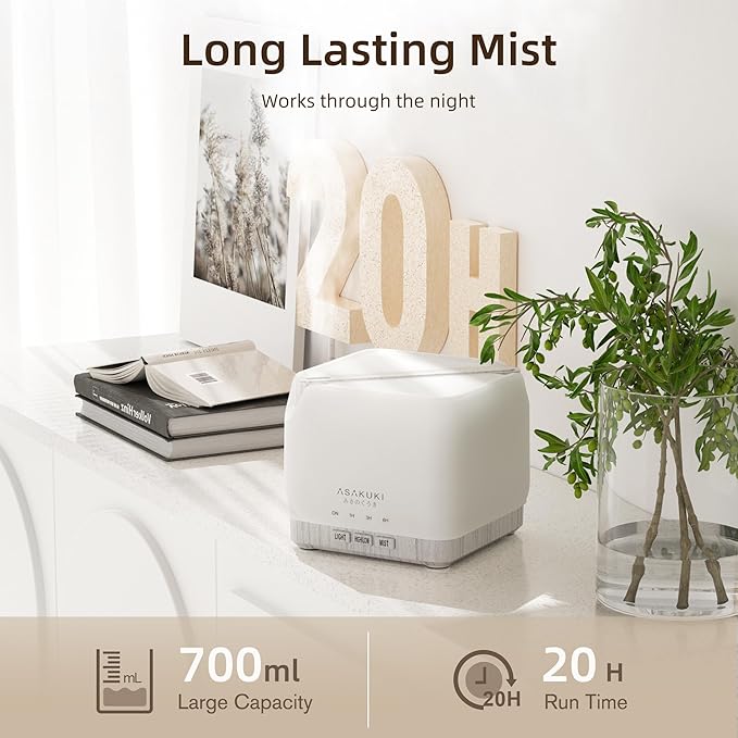ASAKUKI Essential Oil Diffuser for Home Large 700 ml Humidifier with Automatic Shut-Off Quiet Aromatherapy Diffuser with 7 LED Lights for Living Room Kitchen Bedroom Hotel - White