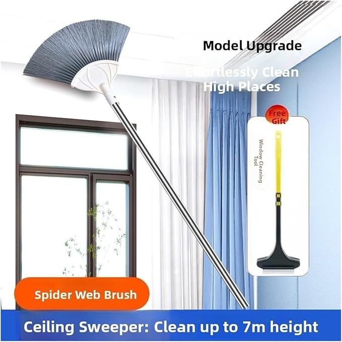 Exble Long Broom for Household Dust Cleaning Spider Web Swee Ceiling Removal Feather Duster Round Head Bru(Ceiling Flat Head)