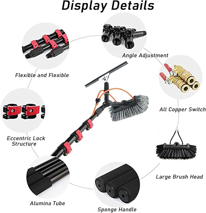 Window Cleaning Wand Water Feeding Telescopic Brush for Pv Panel Cleaning - 12m/40ft Roof Cleaning Tool Window Cleaner Kit35cmbrushhead-6M/20FT