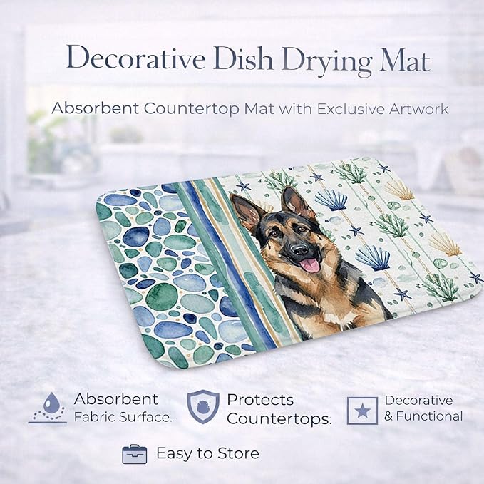 Caroline's Treasures German Shepherd Coastal Sea Glass Dish Drying Mat Absorbent Dish Drying Mat Pad for Kitchen Counter Dish Drainer Mat for Countertop 14 x 21 Multicolor