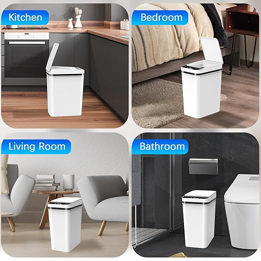 3 Pack Automatic Small Bathroom Trash Can with Lid - 2.5 Gallon Touchless Garbage Can Motion Sensor Smart Trash Bin Slim Dog Proof Trashcan Waterproof Wastebasket for Bedroom Office Kitchen (White)