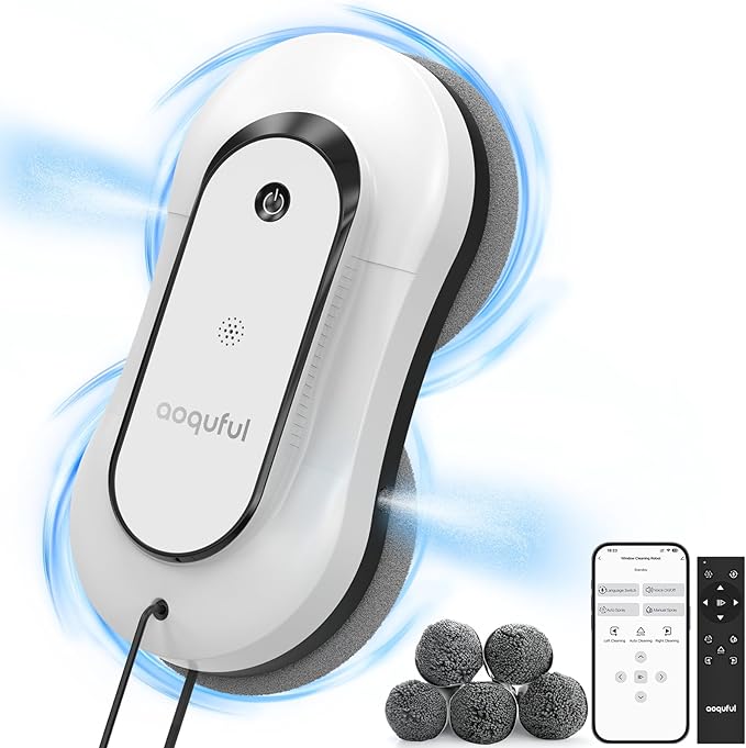 Intelligent Window Cleaning Robot - Electric Window Cleaner with Dual Water Spray Remote &amp App Control Suitable for Interior &amp Exterior Windows Includes 12 Cloths White