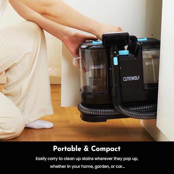 Cutewolf Portable Carpet and Upholstery Cleaner Powerful Suction Carpet Cleaner with Dual Brush Heads Deep Stain Spot &amp Odor Remover for Carpets Area Rugs Couches Auto Interior (Black)