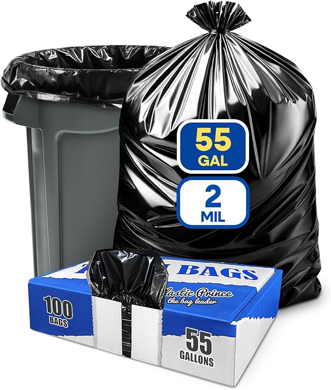 55 Gallon Trash Bags 2 Mil Large Garbage Bags for Rubbermaid Brute 44-55 Gallon Trash Cans 38x58 Black Trash Can Liners Pack of 100