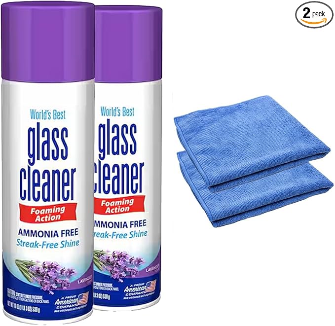 Glass Cleaner Foam Foaming Action &amp Spray 19oz - 2 Pack - Lavender Scent - Bundled With 2 Microfiber Cleaning Clothes (38 oz Total)