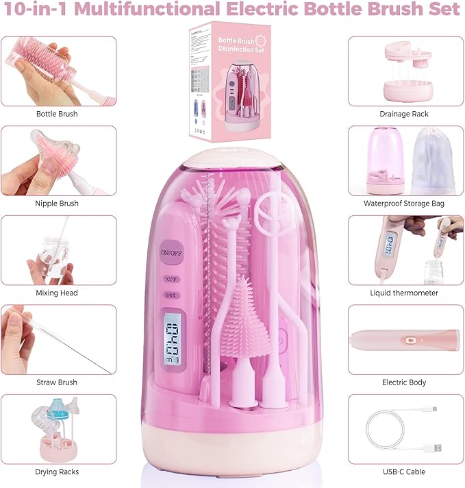 Electric Bottle Brush CleanerRechargable Electric Baby Bottle Brush Cleaner with ThermometerSilicone Bottle/Nipple/Straw BrushDrying RackTravel Bottle Cleaner Kit for New Moms (Pink)